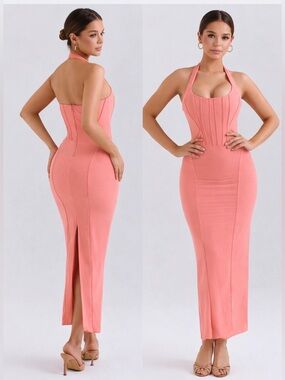HOUSE OF CB 'Lusilla' Coral Stretch MeshHalterNeckMidiDress/Size S-US 4-6